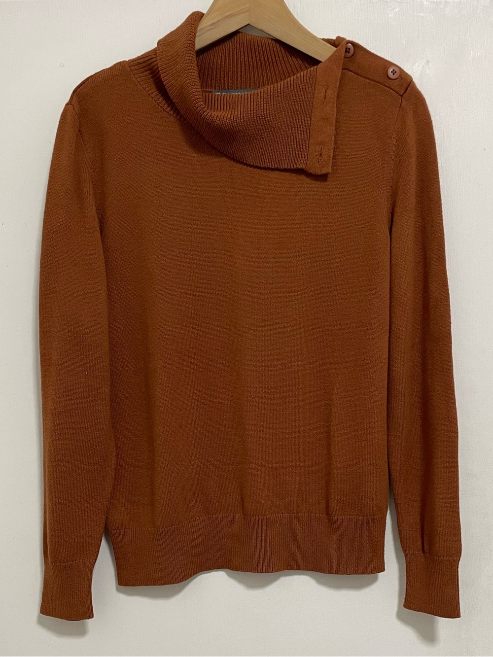 Elliott Lauren Rust Cowl Neck Sweater S Button Shoulder Cotton Modal Blend